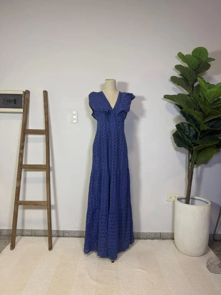 Vestido Broderie Largo Azul