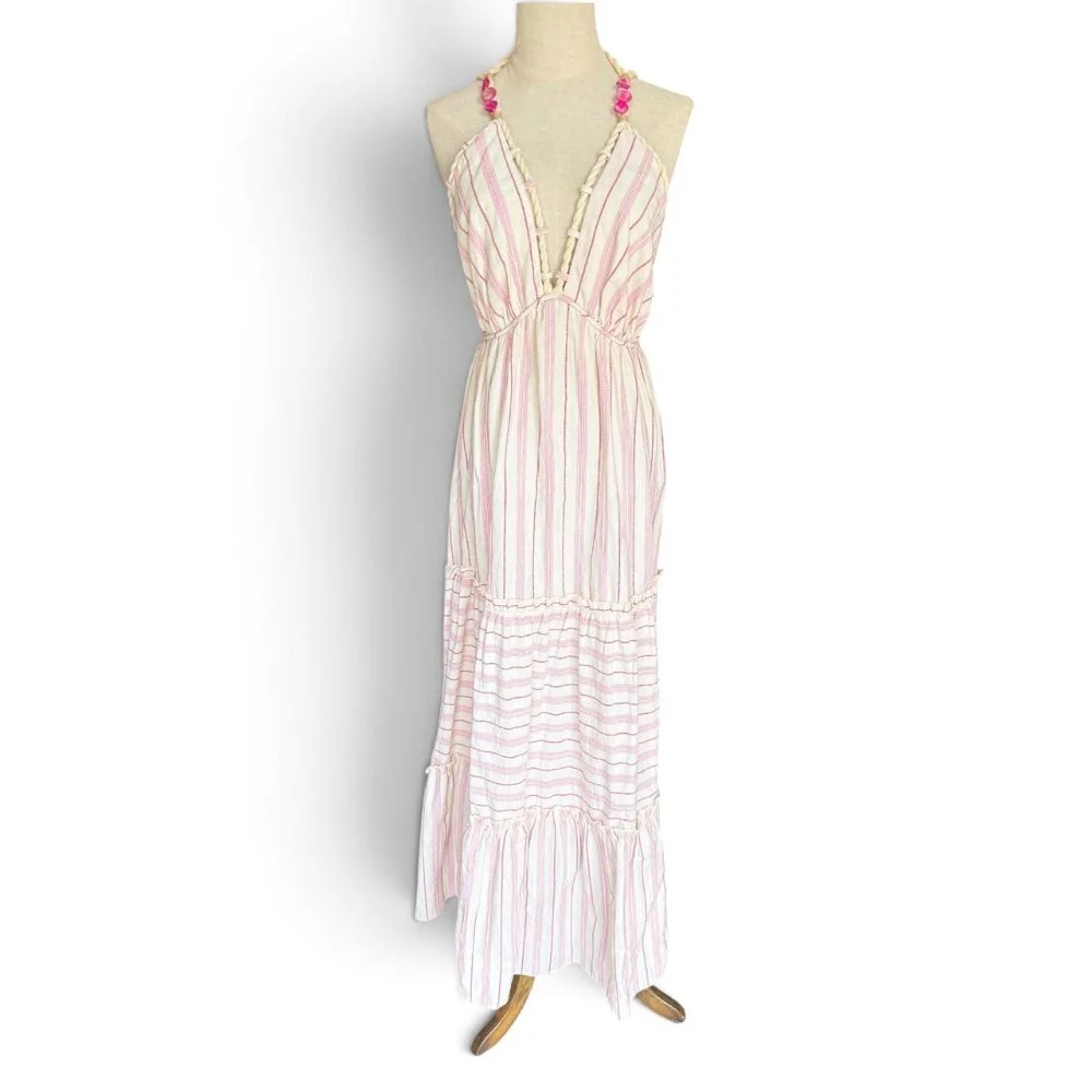 Vestido A Rayas Rosado Escote V