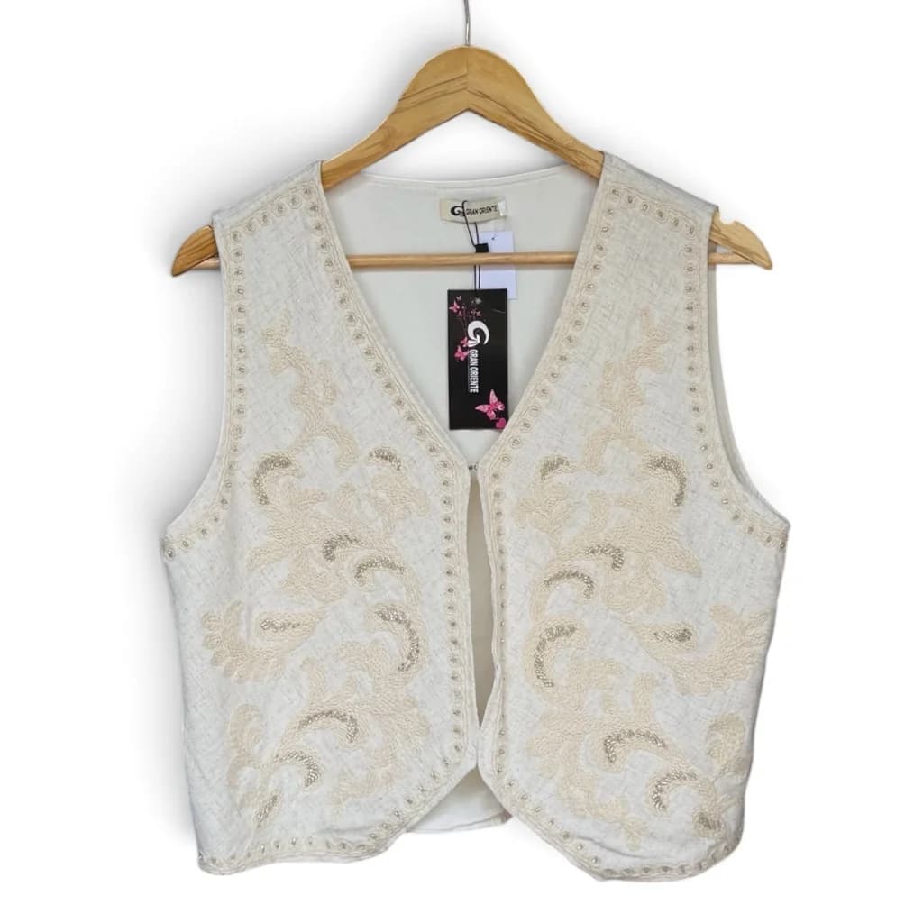 Chaleco Crema Bordado Simil Lino
