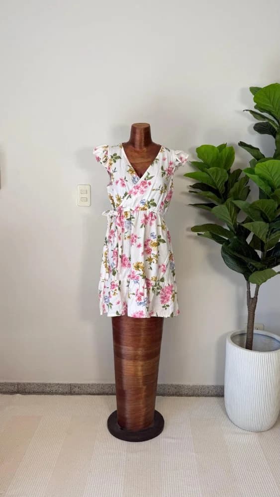 Vestido Blanco Floreado Simil Lino