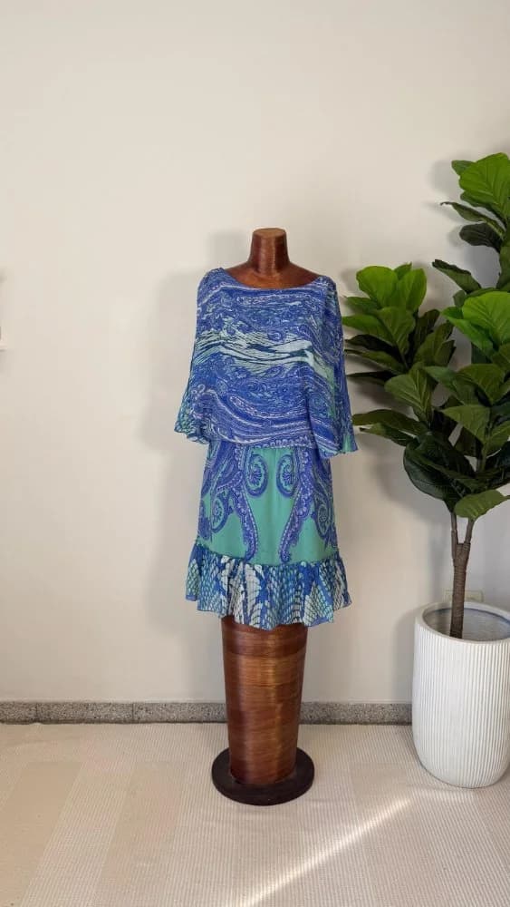 Vestido Corto Azul y Verde Estampado